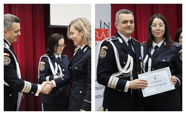 Politistele Ramona Paula Morar si Andreea Gorgan premiate public de conducerea IPJ Salaj ca o recunostere a activitatii lor profesionale